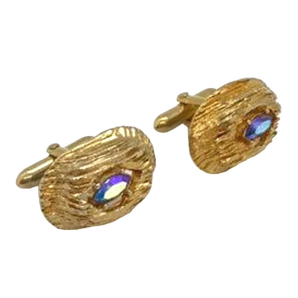 Swank Cuff Links Vintage Mid Century Gold Nuggets Blue Smoke AB Rhinestones